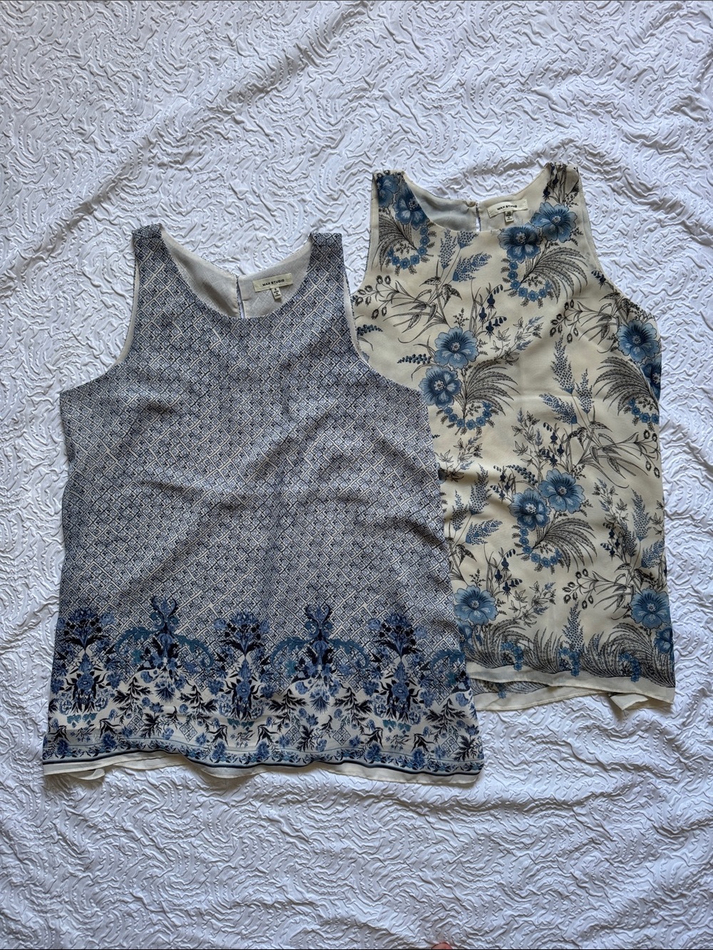 Max Studio Blue and Cream Floral Tank Tops Duo